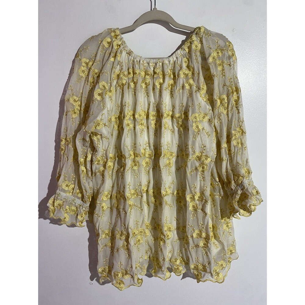 Cottagecore Top 2X Gold Floral Embroidered Peasant Sheer Mesh Skye's The Limit‎ - Picture 2 of 11